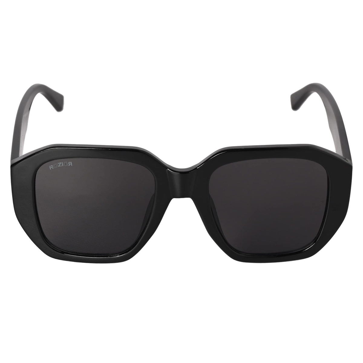 Angled view of ROZIOR polarized sunglasses with black frame and black lenses for men and women
