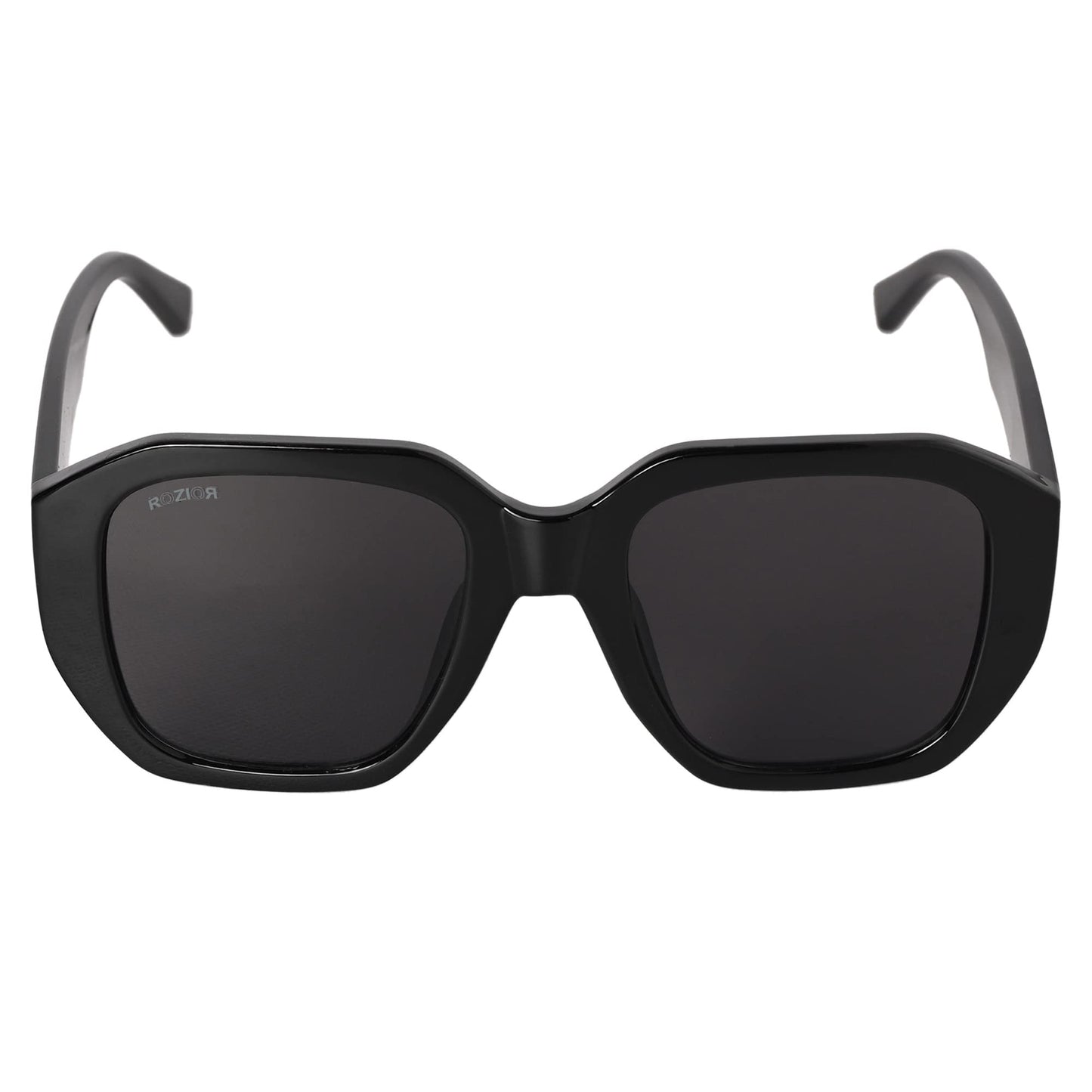 Angled view of ROZIOR polarized sunglasses with black frame and black lenses for men and women