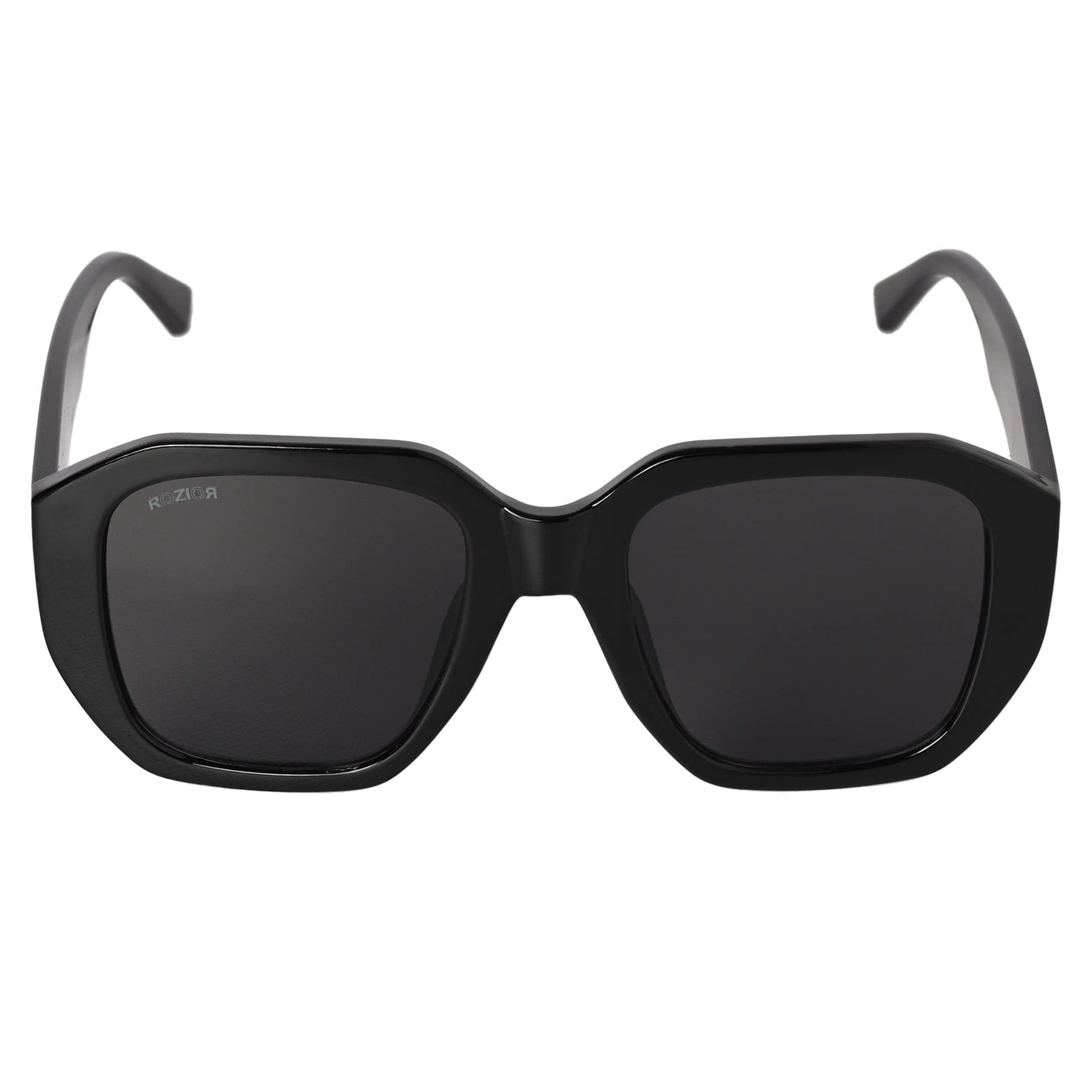 Angled view of ROZIOR polarized sunglasses with black frame and black lenses for men and women