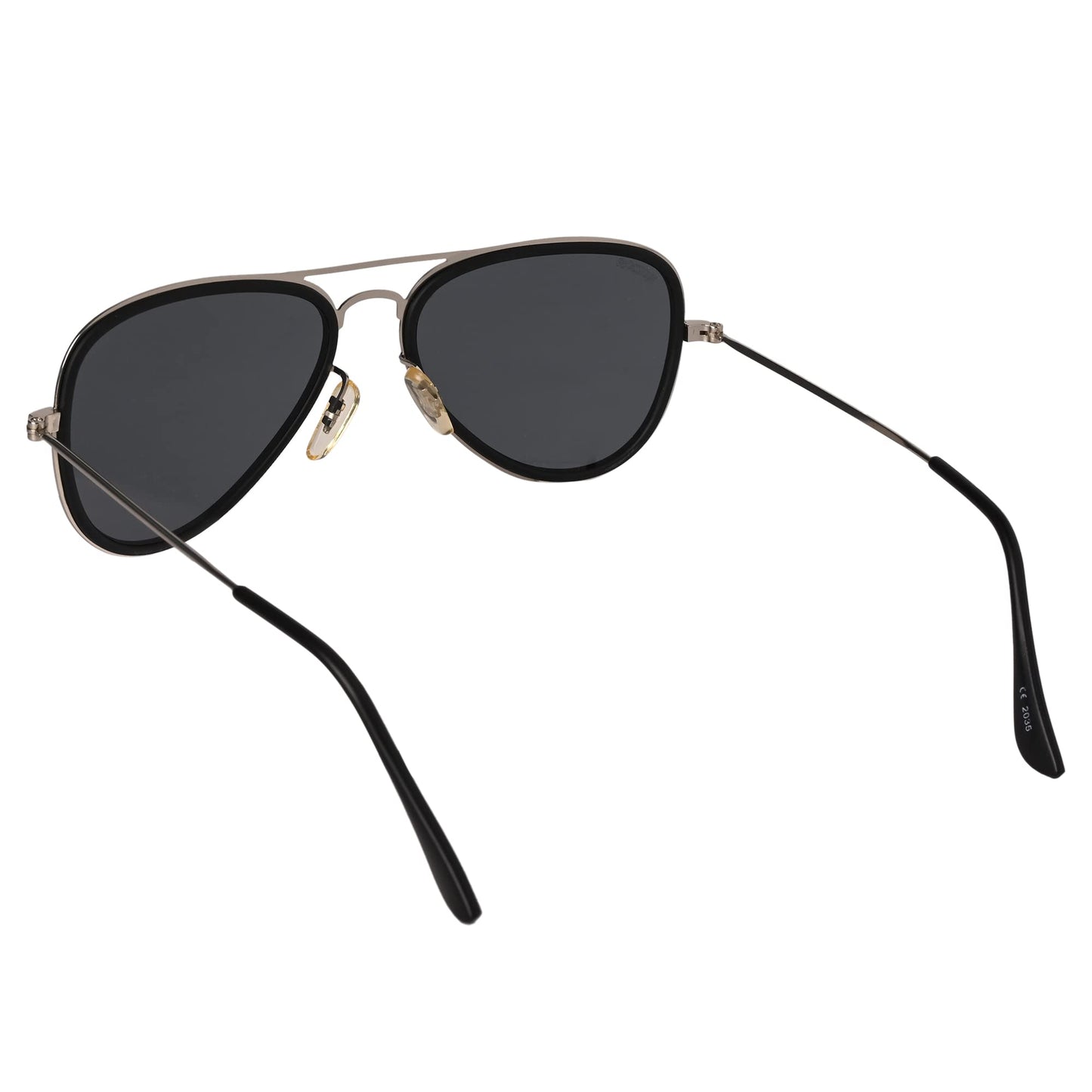 Close-up of ROZIOR aviator sunglasses highlighting black UV400 lenses and premium black frame craftsmanship