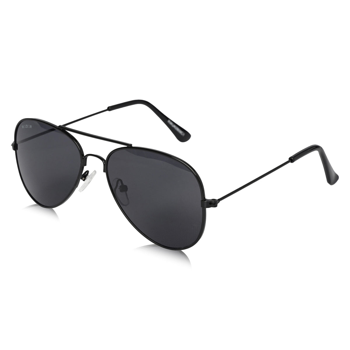 Side view of ROZIOR kids aviator sunglasses featuring black smoke lenses and a durable metal frame