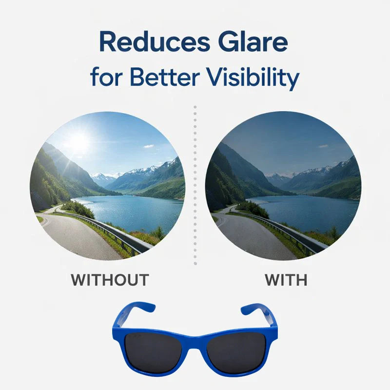 Close-up of ROZIOR kids Wayfarer sunglasses featuring a premium blue frame and black lenses