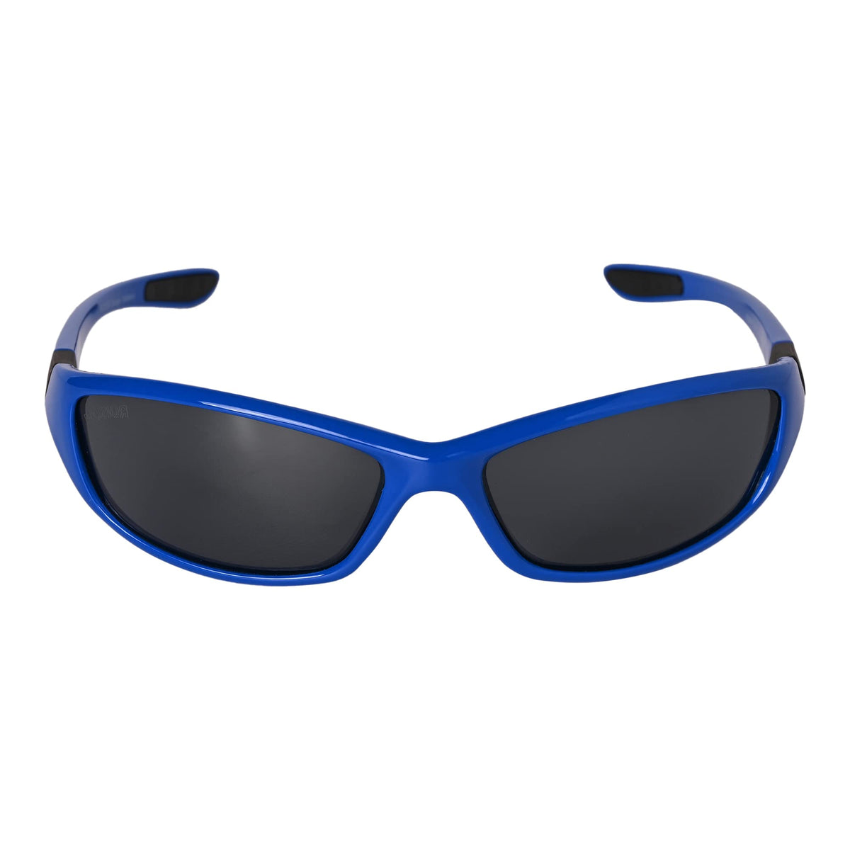 Three-quarter angle view of ROZIOR polarized sunglasses featuring a blue frame and smoke UV400 lenses