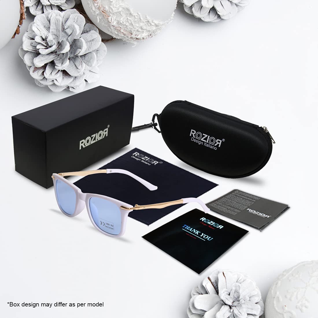 Close-up of ROZIOR kids sunglasses highlighting premium blue UV400 lenses and durable white frame