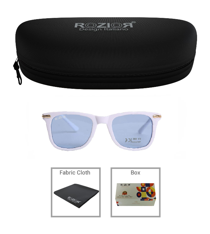 Close-up of ROZIOR kids sunglasses highlighting premium blue UV400 lenses and durable white frame