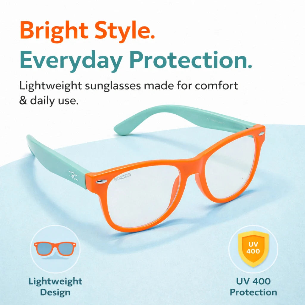 Side profile of ROZIOR blue light blocking glasses for boys and girls using laptops, tablets, and mobile phones.