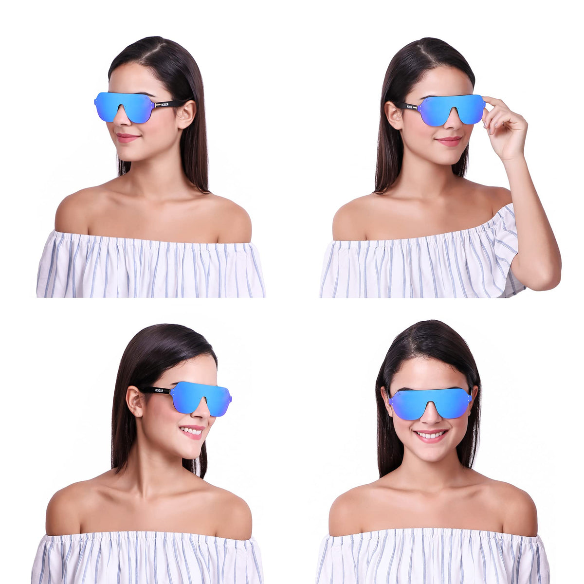 Three-quarter angle view of ROZIOR unisex sunglasses featuring a black frame and reflective blue mirror UV400 lenses