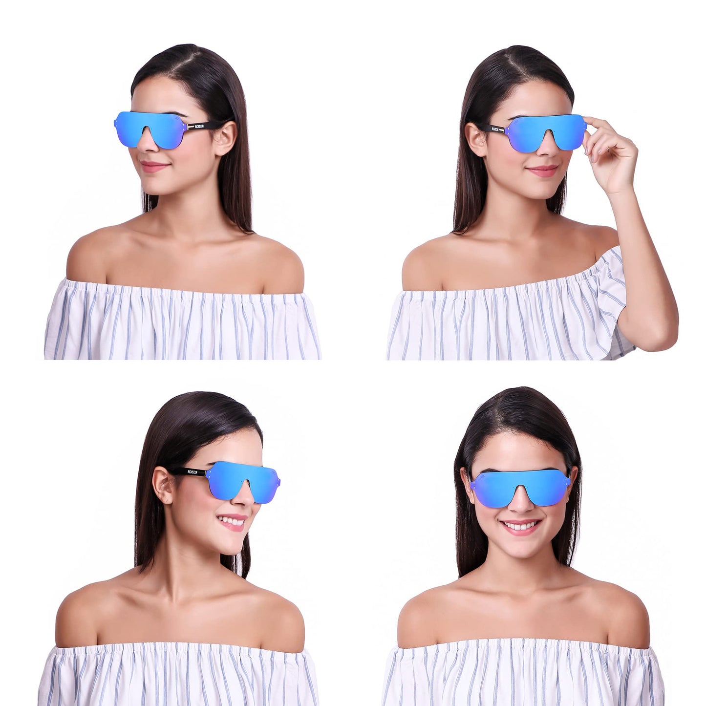 Three-quarter angle view of ROZIOR unisex sunglasses featuring a black frame and reflective blue mirror UV400 lenses
