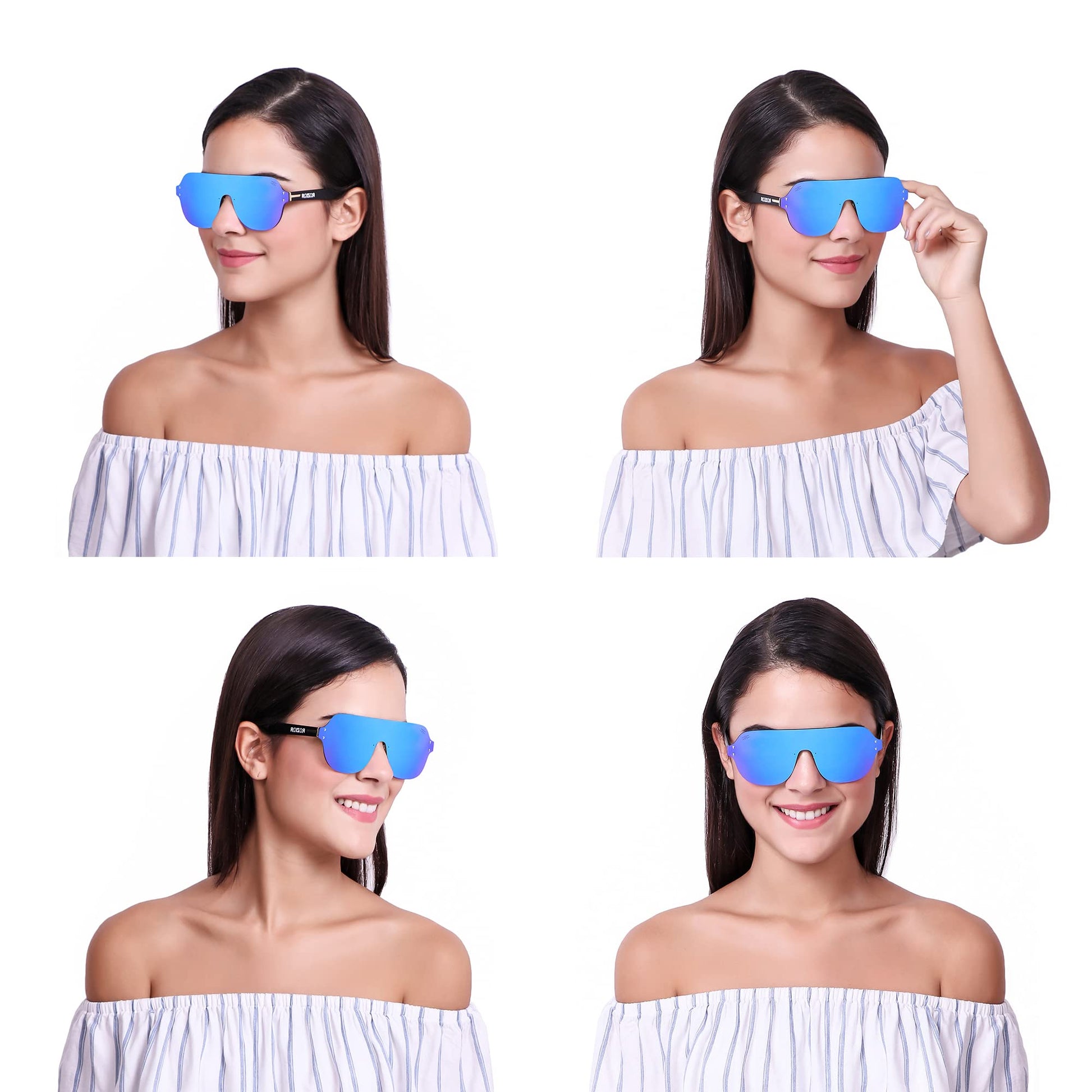 Three-quarter angle view of ROZIOR unisex sunglasses featuring a black frame and reflective blue mirror UV400 lenses