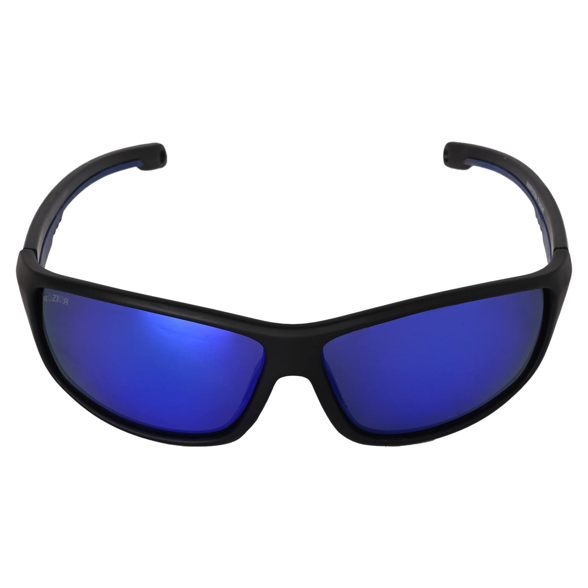 Angled view of ROZIOR polarized sunglasses with blue mirror lens and premium black frame