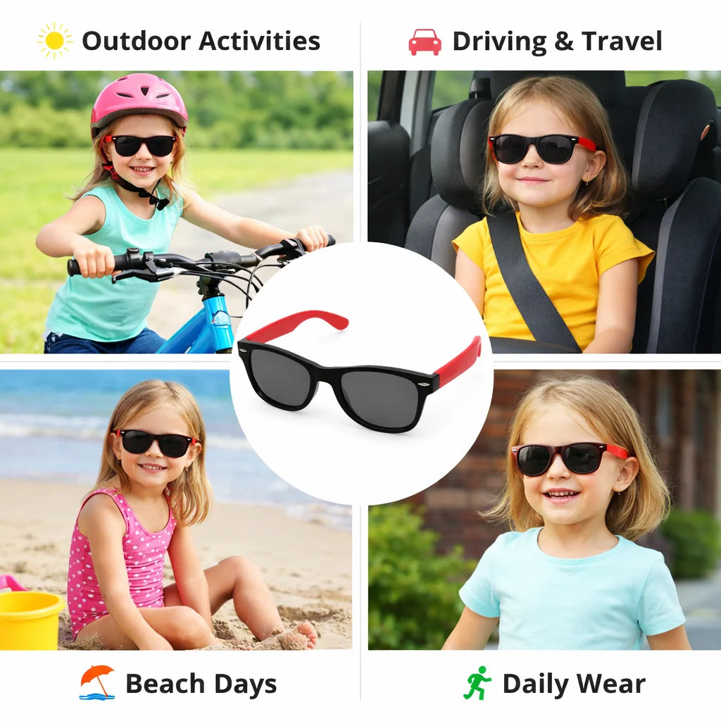 ROZIOR UV400 sport sunglasses for boys and girls with a lightweight black and red frame