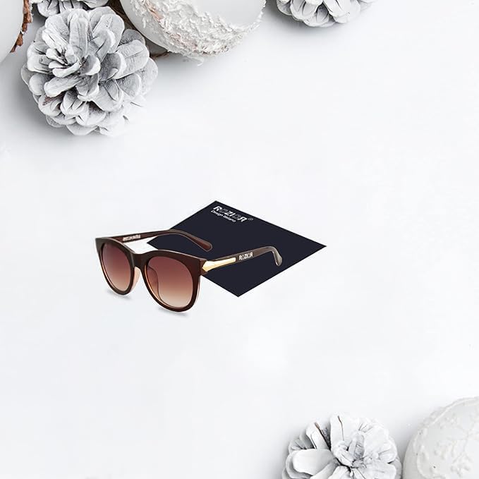 Close-up of ROZIOR women's cat eye sunglasses showcasing premium brown UV400 lenses and brown frame model RWU2130C30