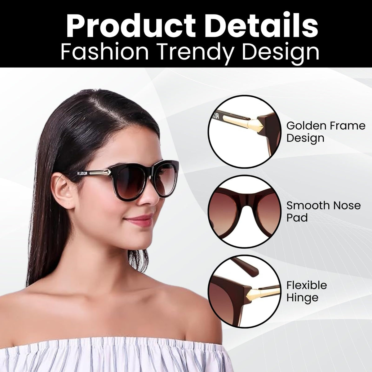 Detailed view of ROZIOR women's cat eye sunglasses highlighting the stylish brown frame and brown UV400 lenses