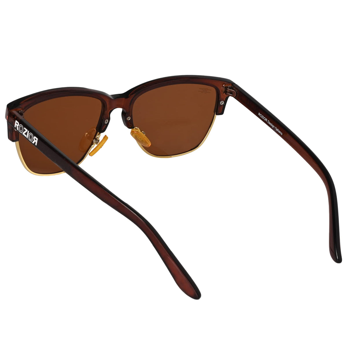Close-up of ROZIOR round sunglasses featuring brown UV protection lenses and brown frame