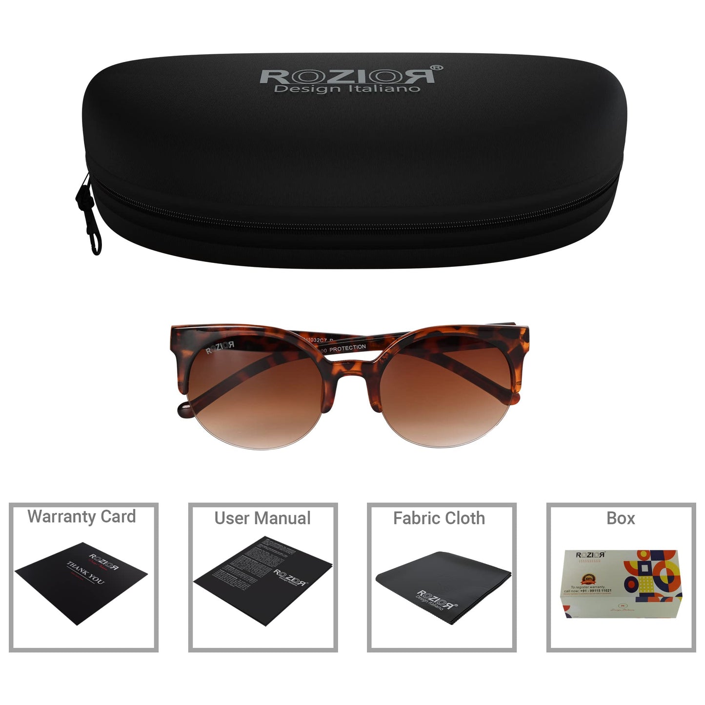 Close-up of ROZIOR brown lens sunglasses featuring a stylish tortoise frame