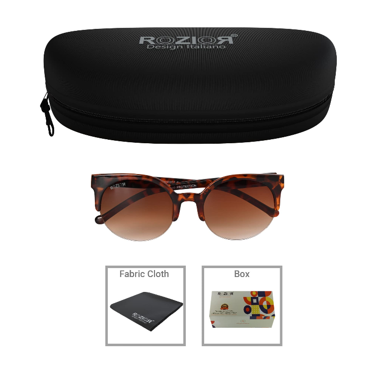Close-up of ROZIOR brown lens sunglasses featuring a stylish tortoise frame