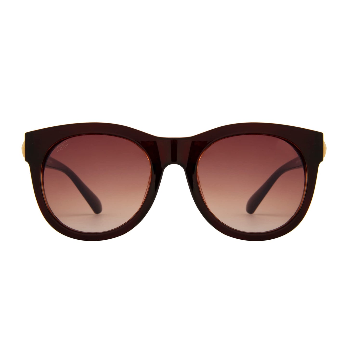 Angled view of ROZIOR women's cat eye sunglasses featuring a brown frame and brown UV400 lenses
