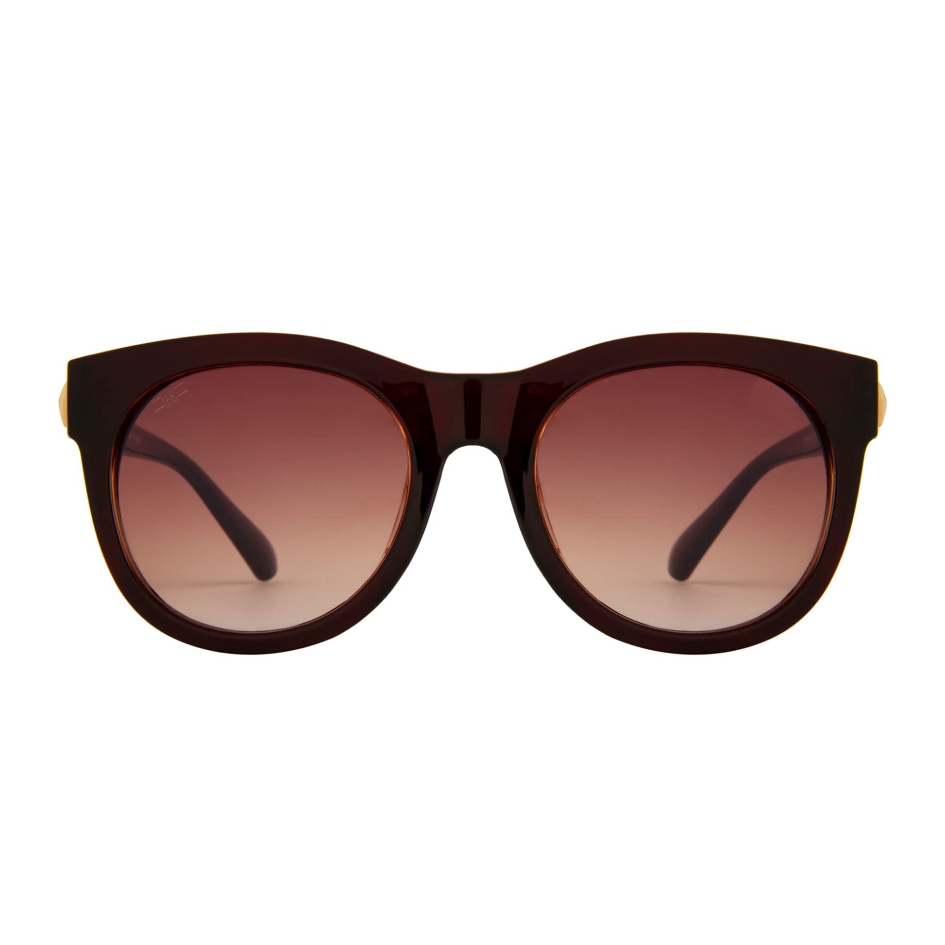 Angled view of ROZIOR women's cat eye sunglasses featuring a brown frame and brown UV400 lenses