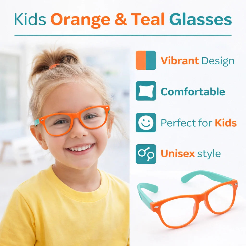 Close-up of ROZIOR children's blue light filter glasses with lightweight frame and anti-glare lenses.