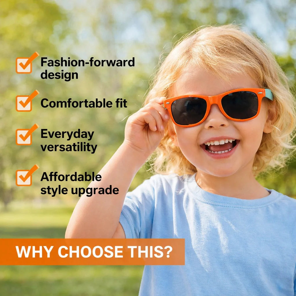 Close-up of ROZIOR children's polarized sunglasses showing durable frame and glare-reducing smoke black lenses.