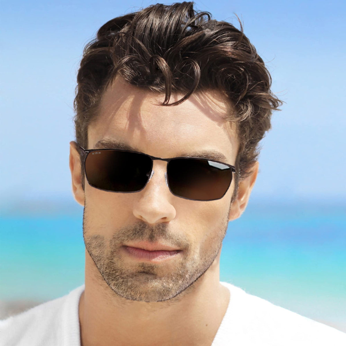 Detailed view of ROZIOR classic coffee frame sunglasses designed with brown UV400 lenses for everyday wear