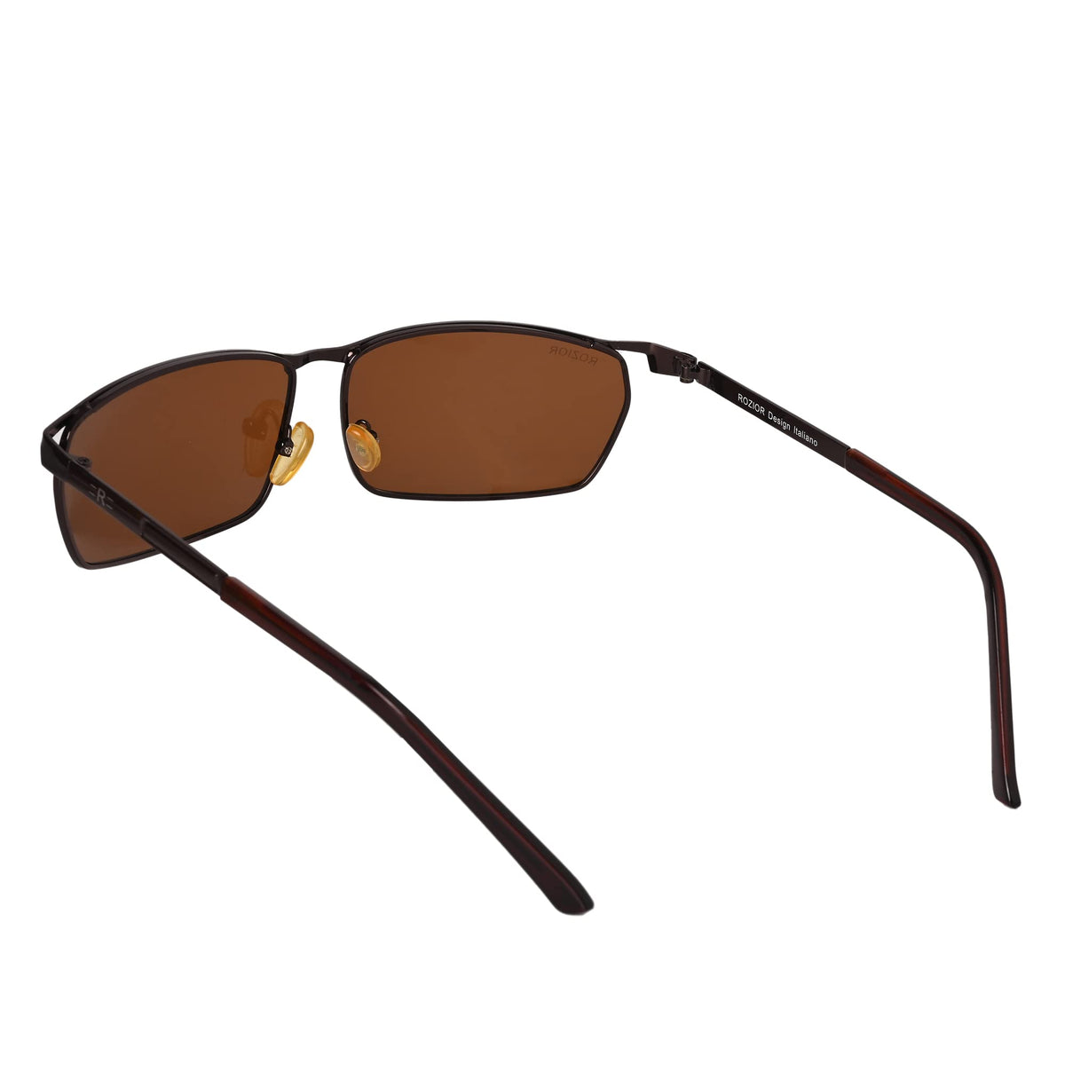 Close-up of ROZIOR sunglasses highlighting premium brown UV400 lenses with an elegant coffee frame