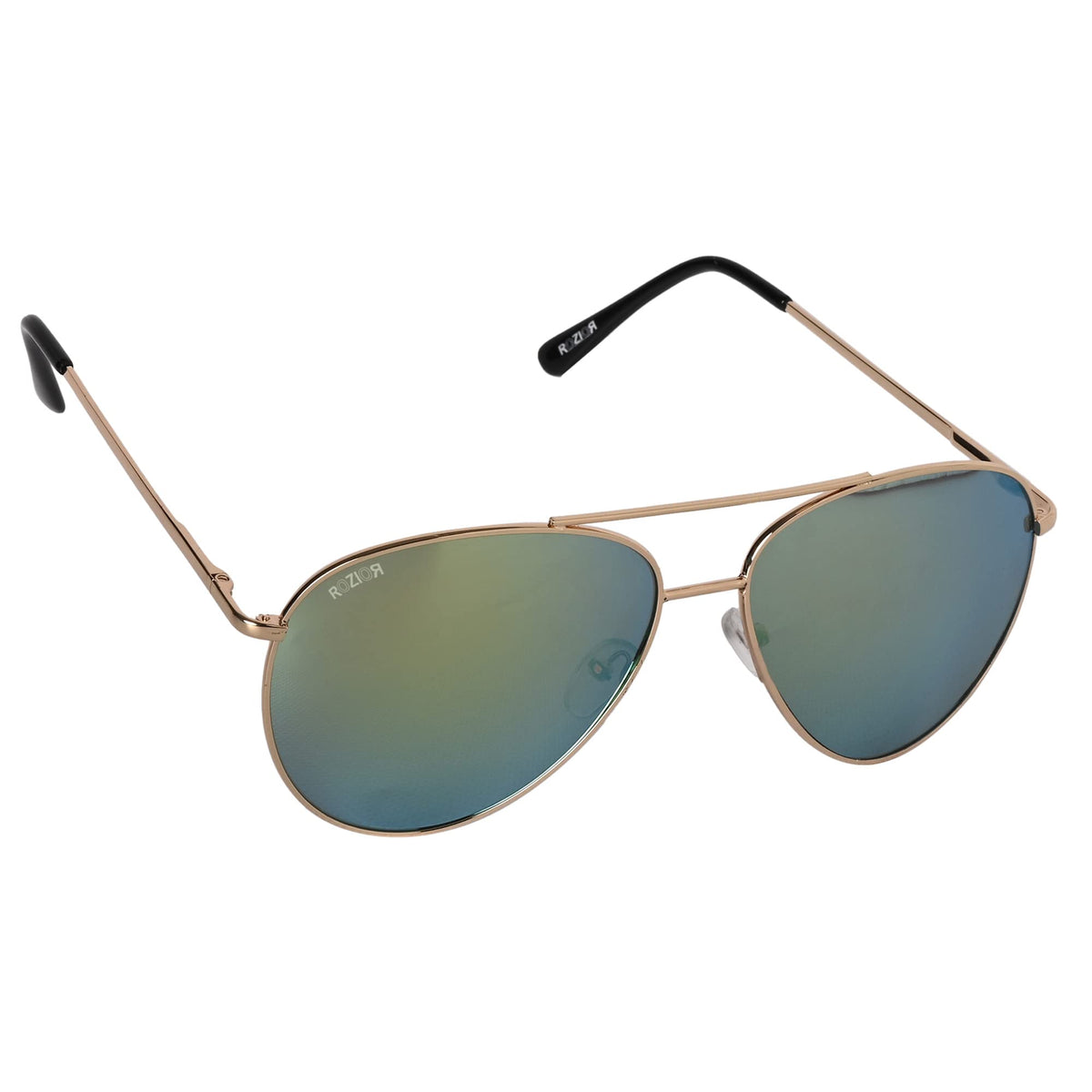 ROZIOR designer aviator sunglasses with green mirror lenses and golden frame model RWU2030M3