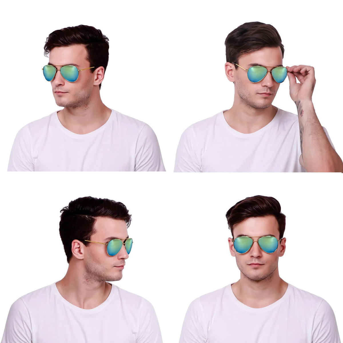 Stylish ROZIOR aviator sunglasses for men and women with green mirror lenses and golden frame