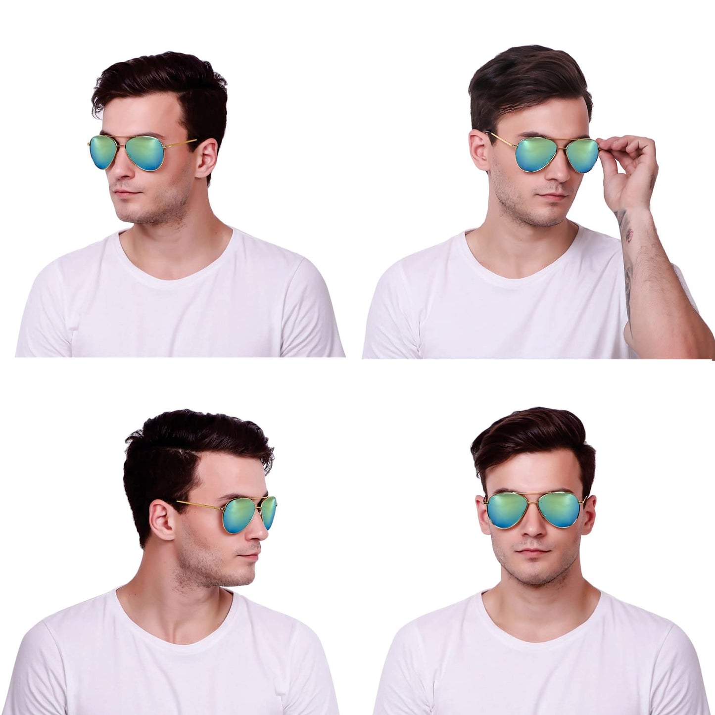 Stylish ROZIOR aviator sunglasses for men and women with green mirror lenses and golden frame