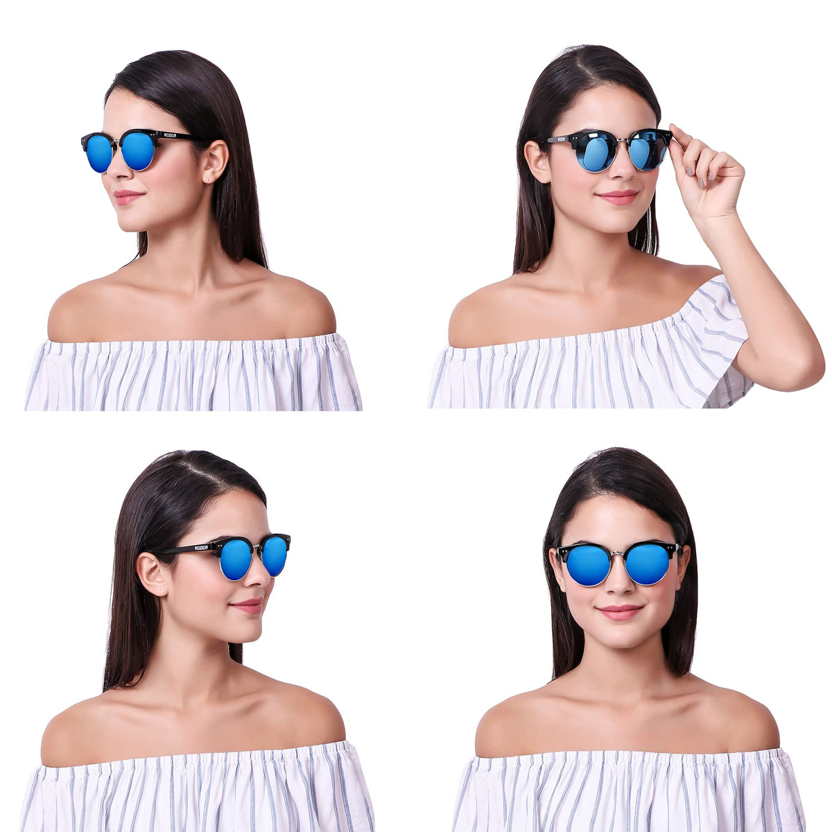 Stylish ROZIOR men and women sunglasses with black frame and blue mirror UV400 lenses for everyday fashion
