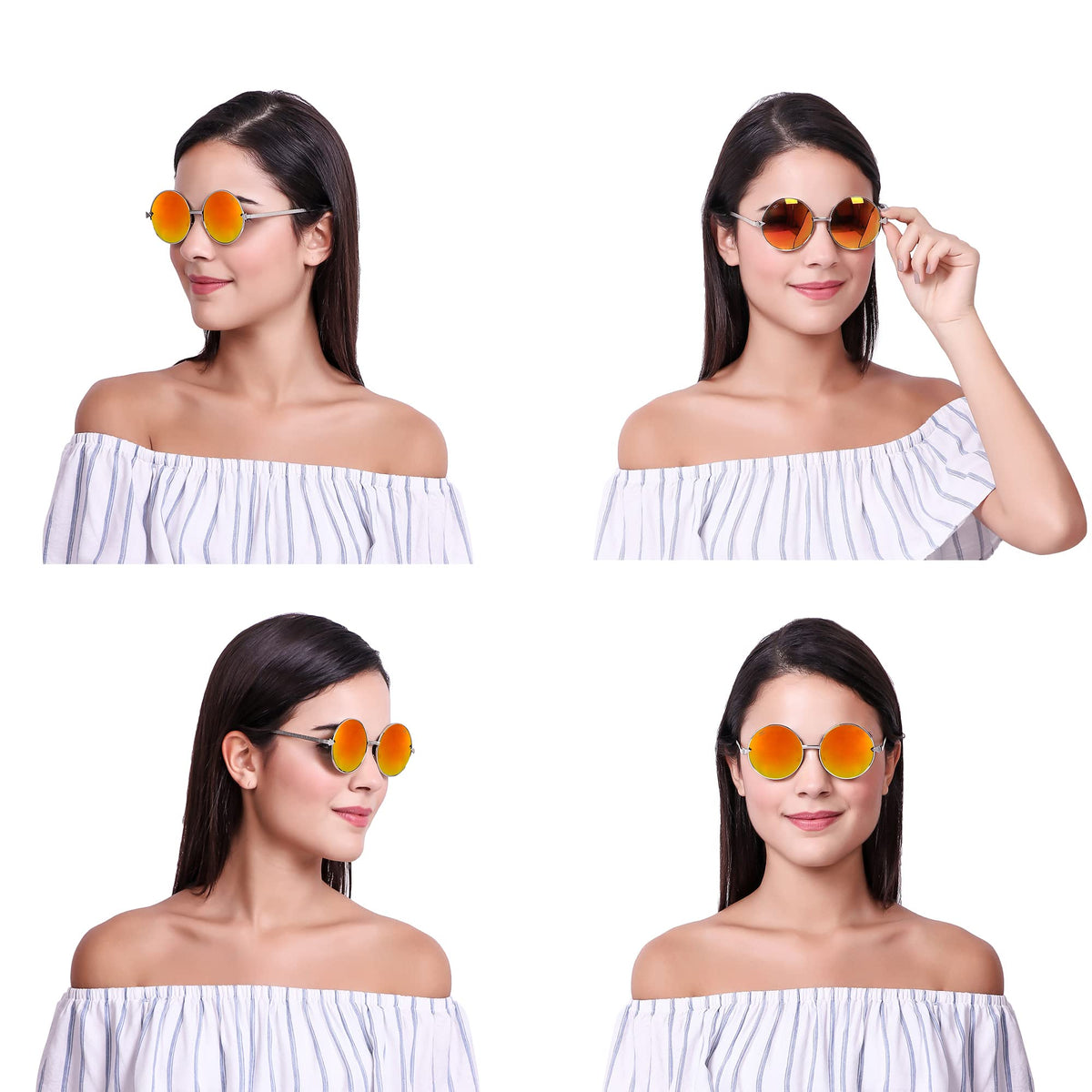 Close-up of ROZIOR fashion sunglasses with golden red mirror lens and silver frame