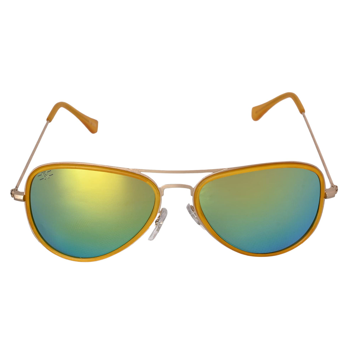 Three-quarter angle view of ROZIOR aviator sunglasses featuring a premium gold frame and gold UV400 lenses