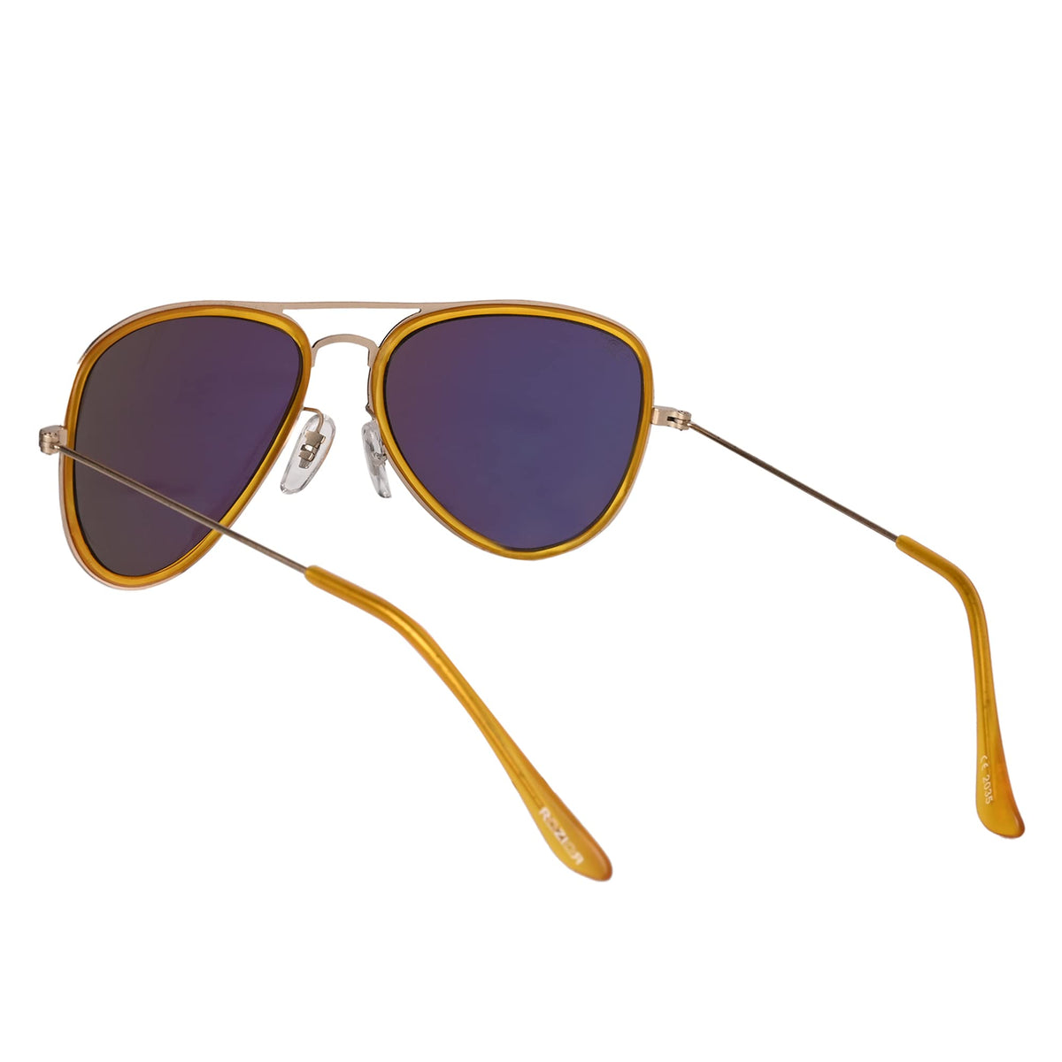 Close-up of ROZIOR aviator sunglasses highlighting gold UV400 lenses and elegant gold metal frame