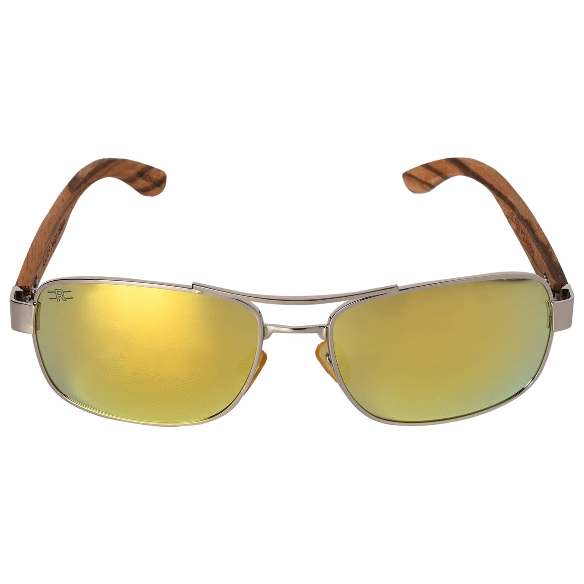 Angled view of ROZIOR polarized sunglasses featuring gold lenses and silver metal frame for men and women