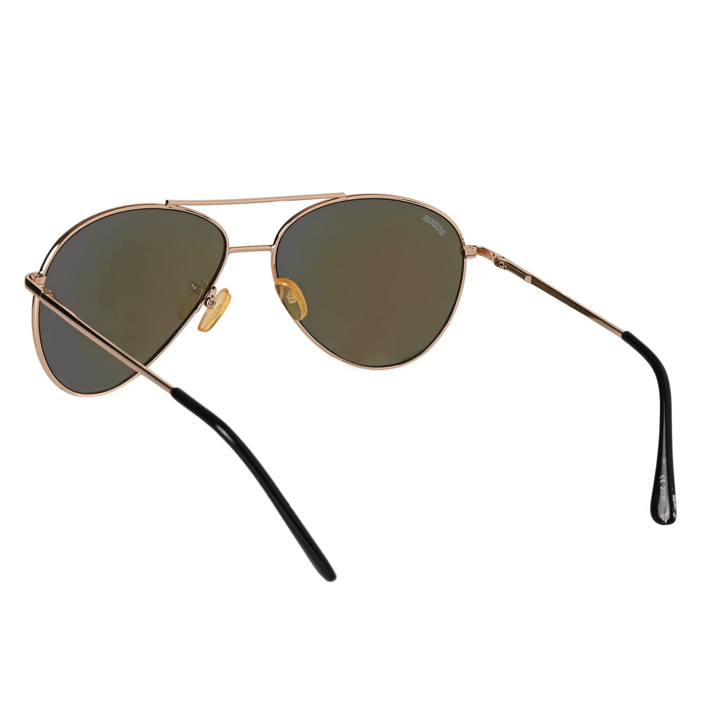 Close-up of ROZIOR gold UV400 lenses with elegant gold frame showcasing premium craftsmanship