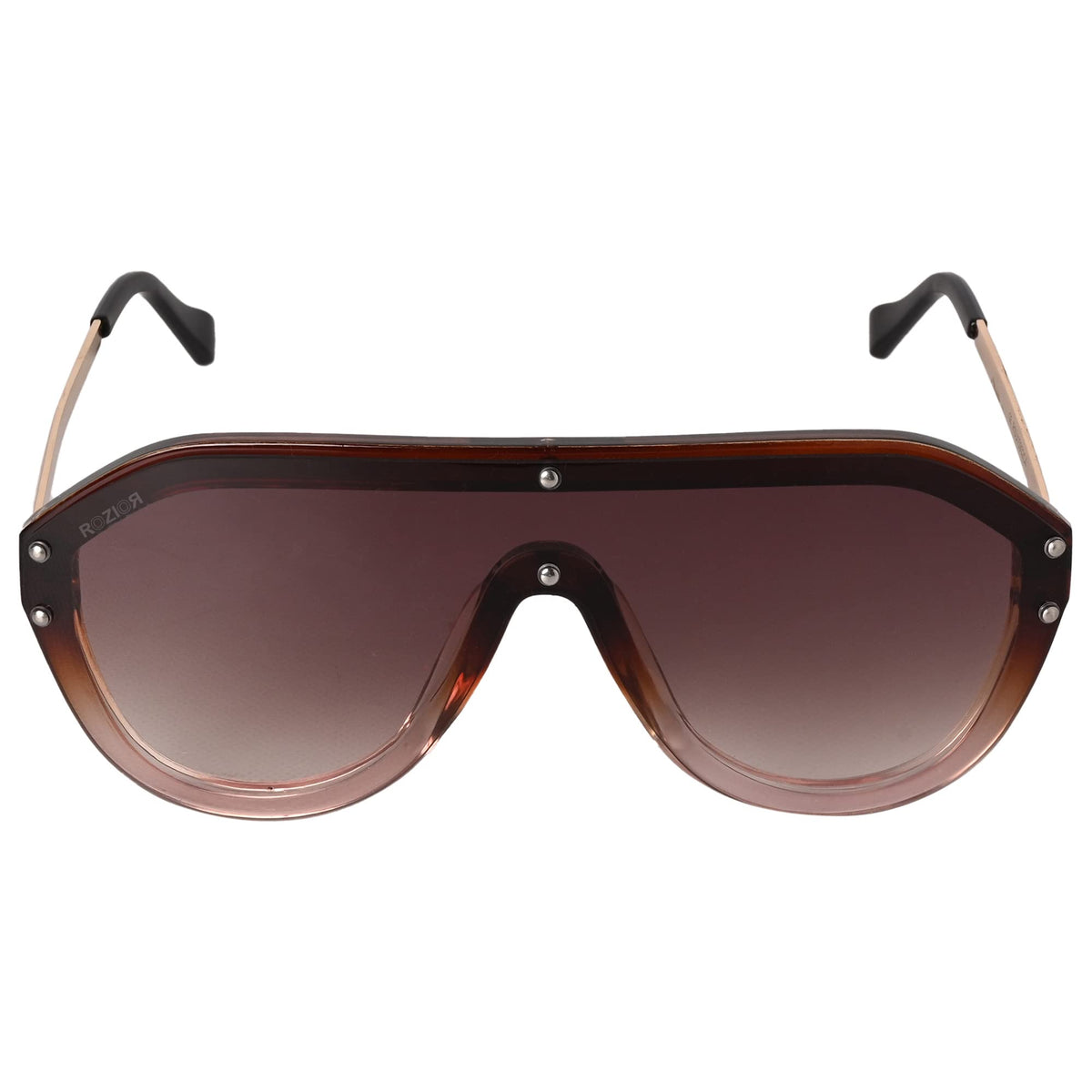 Angled view of ROZIOR Golden Aviator Sunglasses featuring UV protection tea lenses and a premium golden frame.