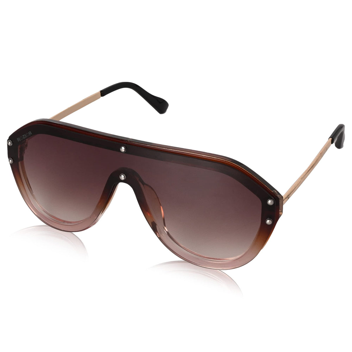 Front view of ROZIOR Golden Aviator Sunglasses for men and women with UV protection tea lenses and golden metal frame.