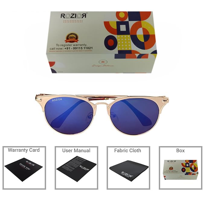 Side profile of ROZIOR Golden Aviator Sunglasses with lightweight golden metal frame and blue mirror lenses.
