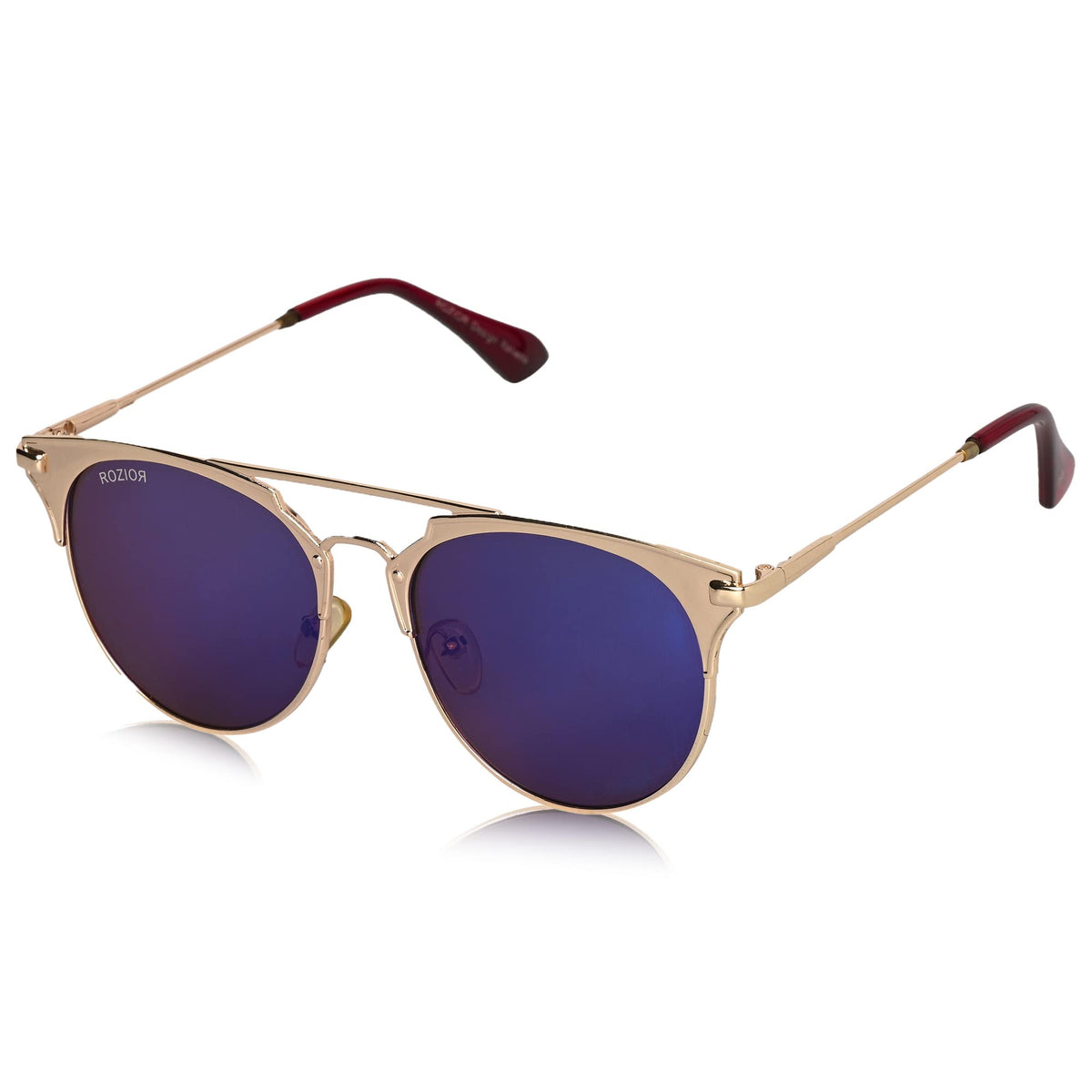 Front view of ROZIOR Golden Aviator Sunglasses for men and women with UV protection blue mirror lenses and golden metal frame.