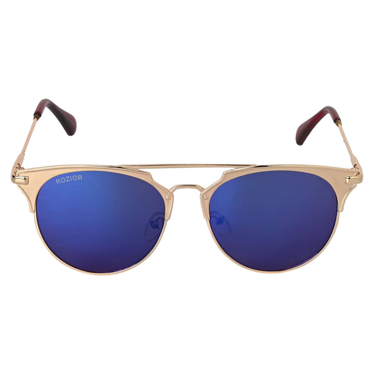 Angled view of ROZIOR Golden Aviator Sunglasses featuring blue mirror UV protection lenses and a premium golden frame.