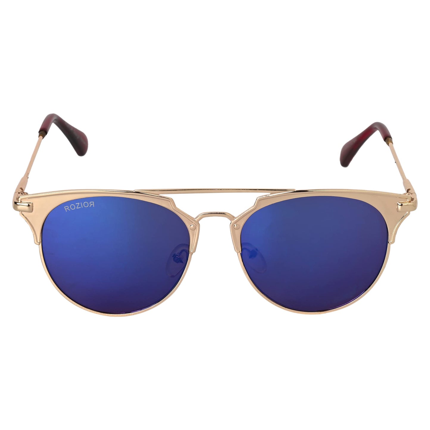 Angled view of ROZIOR Golden Aviator Sunglasses featuring blue mirror UV protection lenses and a premium golden frame.