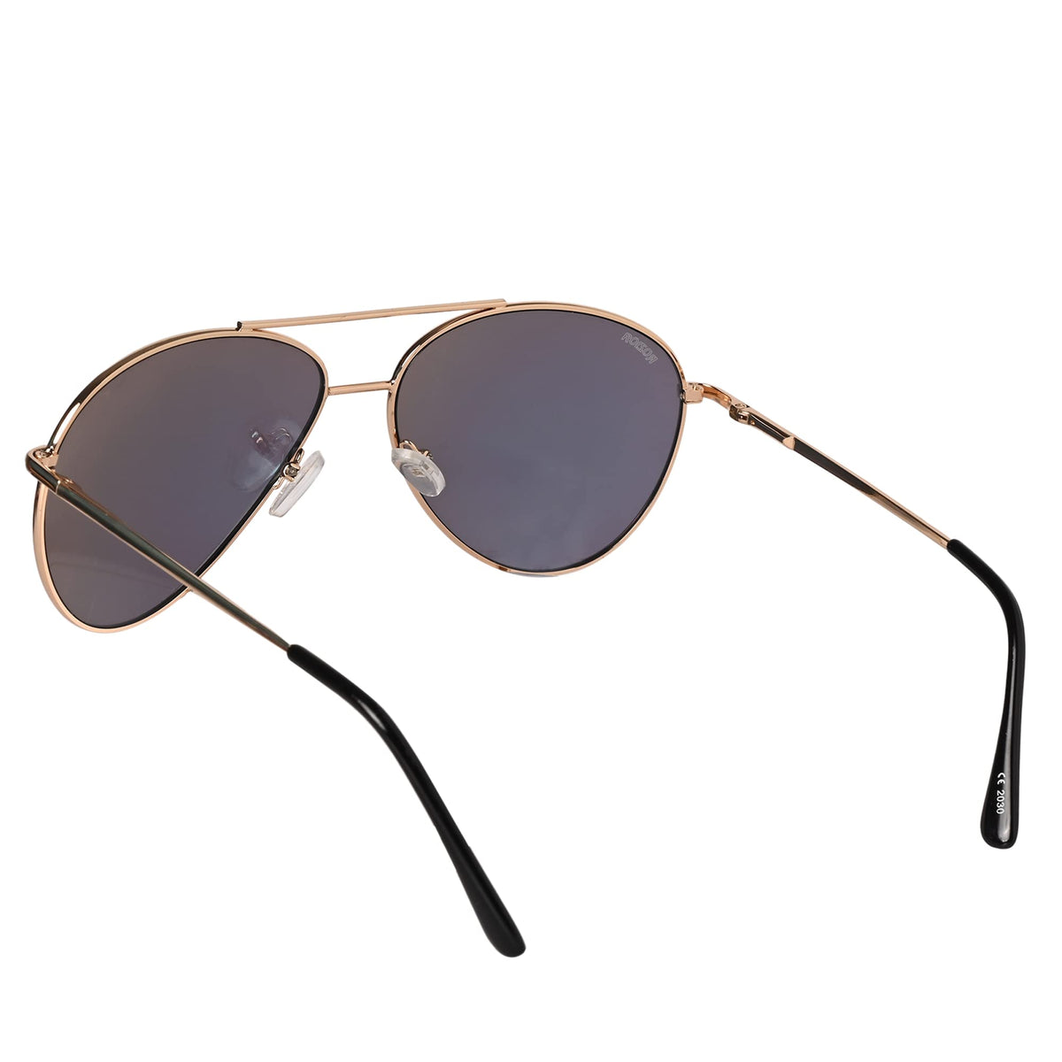 Close-up of ROZIOR golden frame aviator sunglasses with green mirror UV protection lenses