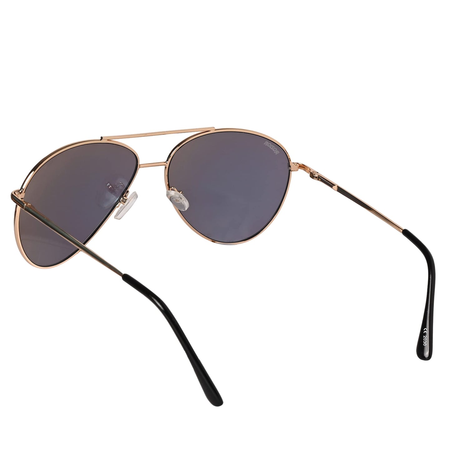 Close-up of ROZIOR golden frame aviator sunglasses with green mirror UV protection lenses