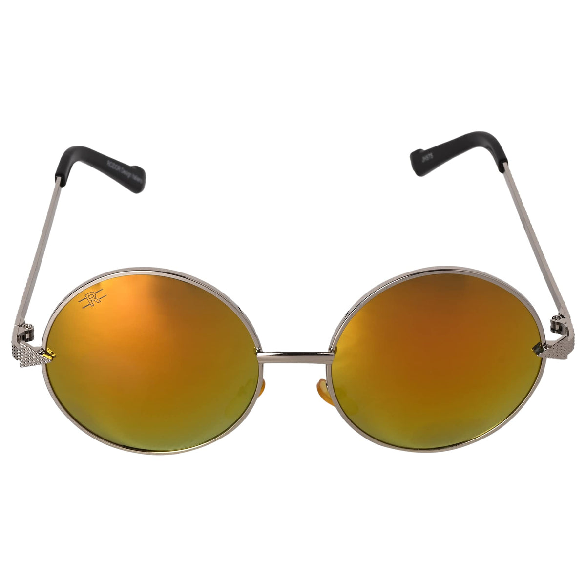 Angled view of ROZIOR silver frame sunglasses with golden red mirror UV protection lenses