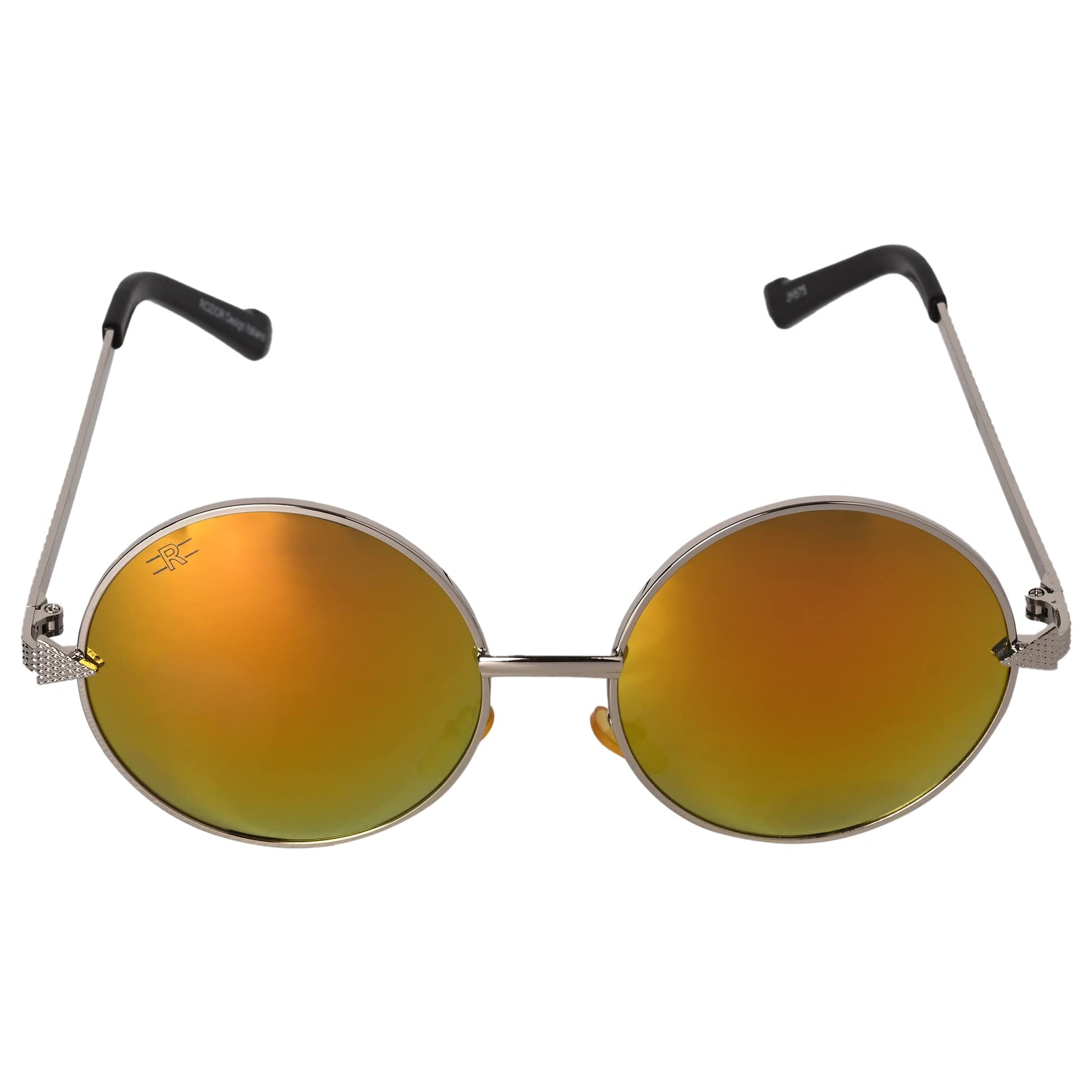 Angled view of ROZIOR silver frame sunglasses with golden red mirror UV protection lenses