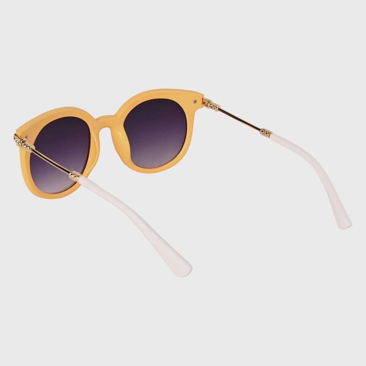 Close-up of ROZIOR sunglasses showcasing premium gradient smoke UV400 lenses and vibrant yellow frame