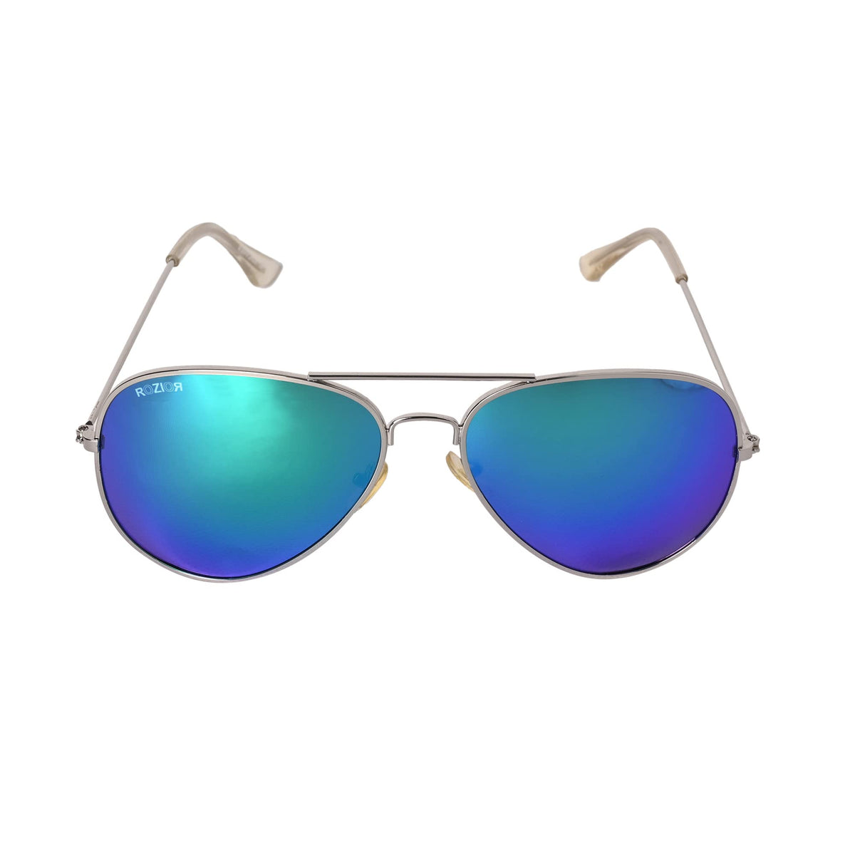 Angled view of ROZIOR polarized aviator sunglasses featuring a silver metal frame and green mirror UV400 lenses