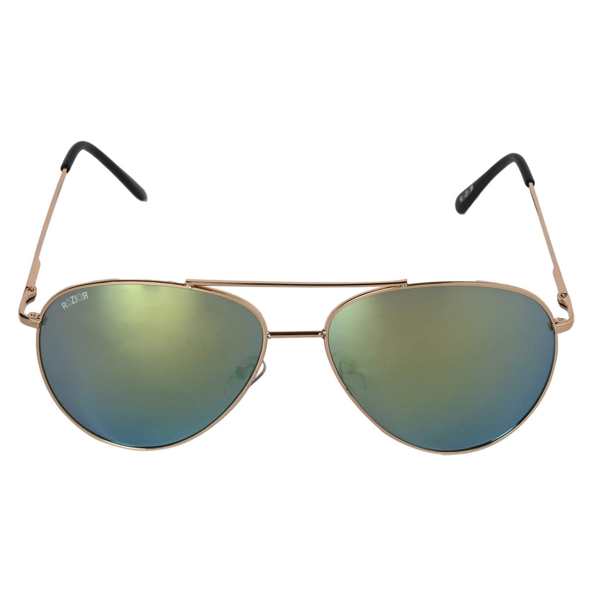Angled view of ROZIOR aviator sunglasses with green mirror lenses and premium golden frame