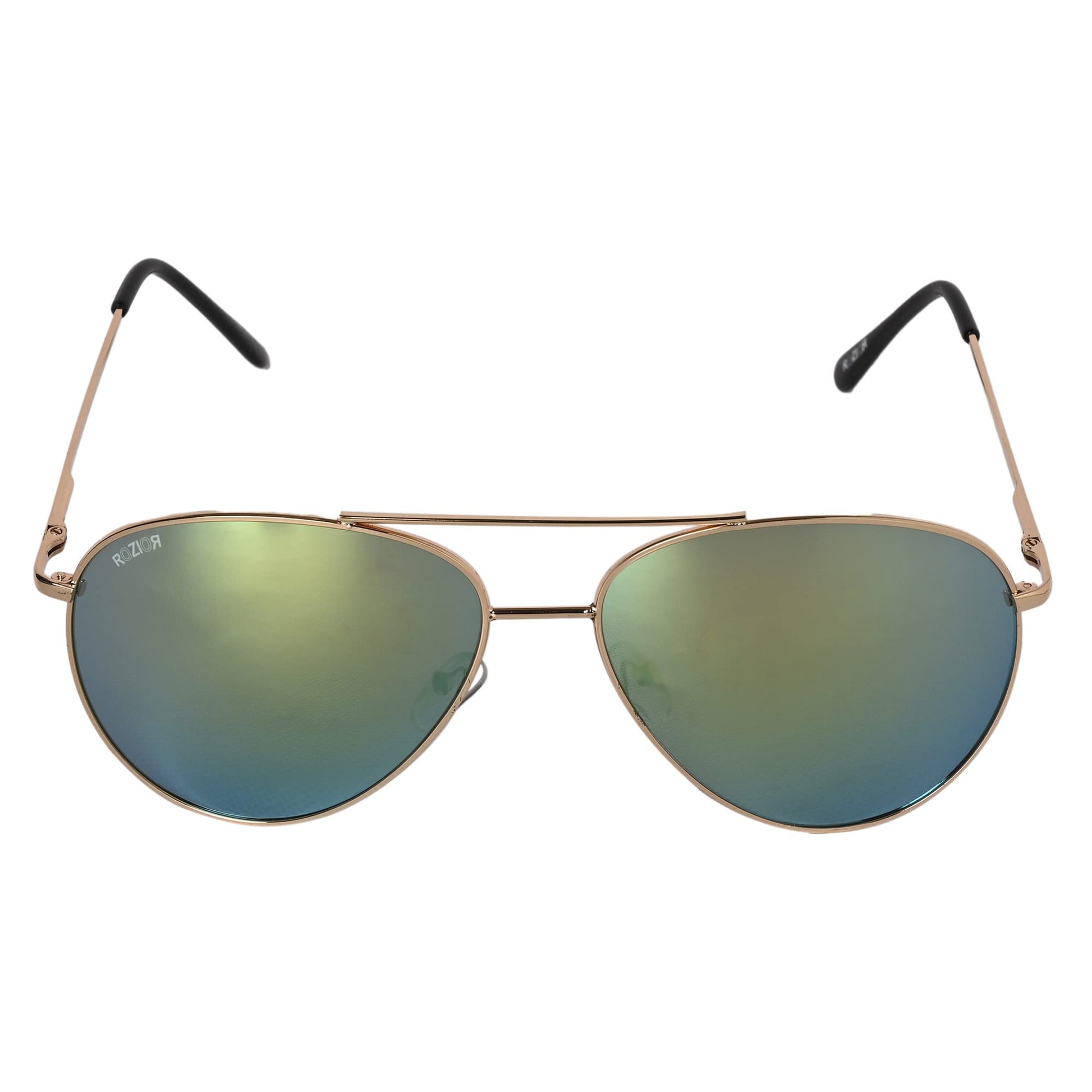 Angled view of ROZIOR aviator sunglasses with green mirror lenses and premium golden frame