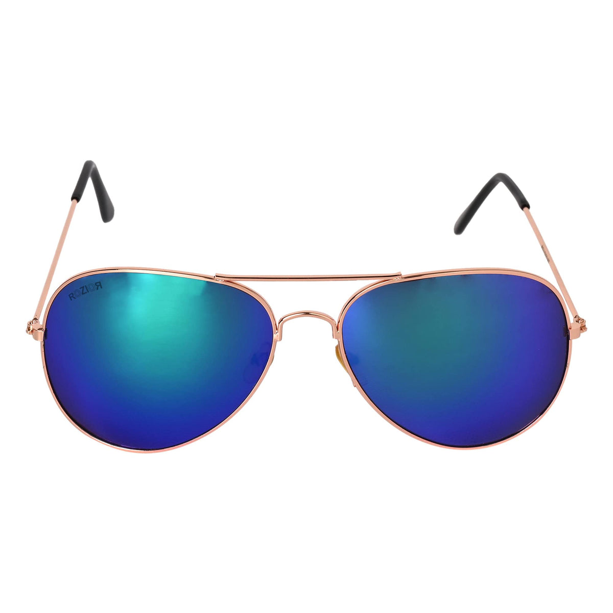 Angled view of ROZIOR aviator sunglasses featuring green mirror UV protection lenses and a premium golden metal frame.